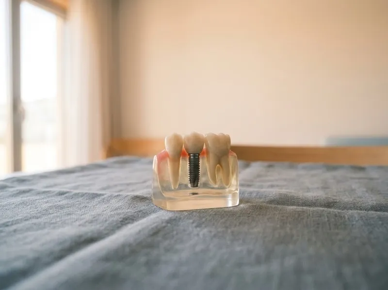 Modelo de implante dentário sobre uma superfície cinzenta suave