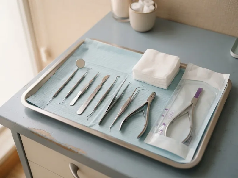 Instrumentos cirúrgicos esterilizados alinhados num tabuleiro